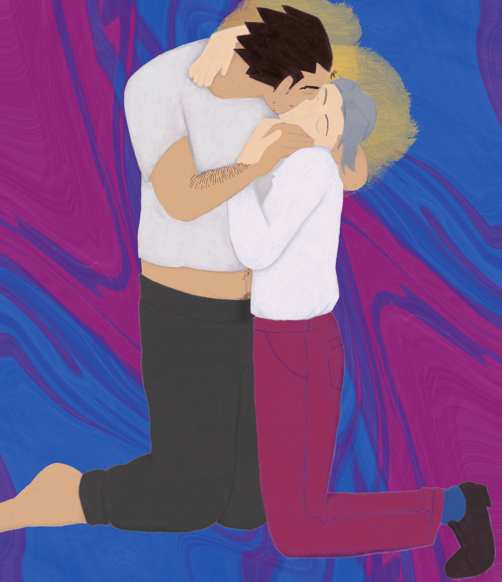 A digital painting on a background with pink and blue swirling shapes. The two figures are posed like Gustav Klimt's 'The Kiss,' both kneeling, with the one on the left holding the face of and kissing the figure on the right, who has their arms around the left figure. The left figure in this painting is Phoenix Wright from the 'Ace Attorney' series, wearing a white t-shirt and gray sweatpants. He has visible body hair on his arms and stomach, and stubble on his face. The right figure is Miles Edgeworth, who is wearing a long-sleeve white button-down shirt, pink suit pants, wingtip shoes, and blue socks. Both have golden haloes behind their heads.