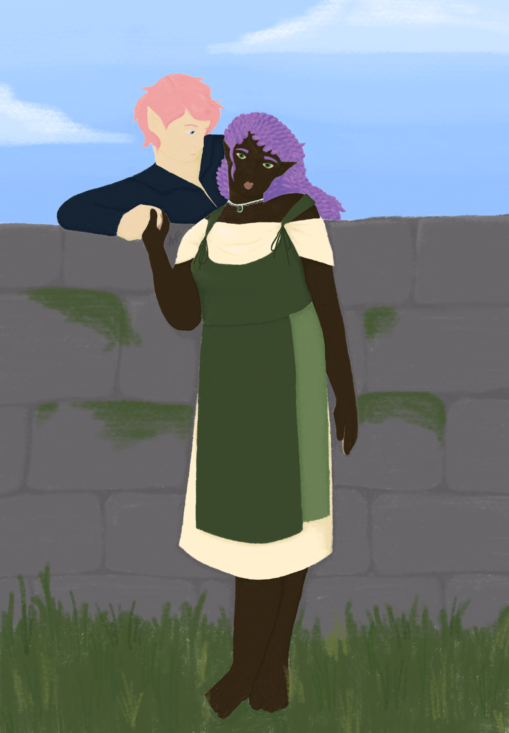 A digital painting of two people in front of a blue sky. THe first person is standing in front of a stone wall covered in moss. They have dark skin, purple hair, and green eyes, and are wearing a light green dress with a dark green apron. They are standing barefoot in the grass, and looking directly at the audience. The other person is behind the wall, leaning over and looking at the person in front of the wall. They have light skin, blue eyes, pink hair, and are wearing a dark blue shirt. They're holding the purple-haired person's right hand, smiling.